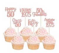 Xsstarmi 24 Pack Happy 50th Birthday Cupcake Toppers Glitter Fifty 50 Fabulous Vintage 1975 Cupcake Picks for Cheers to 50 Years 50th Birthday Wedding Anniversary Party Cake Decorations Rose Gold