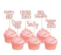 Xsstarmi 24 Pack Happy 60th Birthday Cupcake Toppers Glitter Sixty 60 Fabulous Vintage 1965 Cupcake Picks for Cheers to 60 Years 60th Birthday Wedding Anniversary Party Cake Decorations Rose Gold