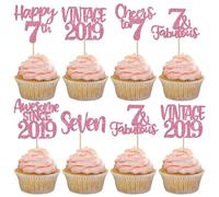 Xsstarmi 24 Pack Happy 7th Birthday Cupcake Toppers Pink Glitter Awesome Since 2019 Vintace Cupcake Picks for Cheers to 7 Fabulous Seven Birthday Party Cake Decorations Supplies