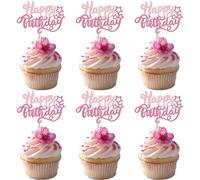 Xsstarmi 24 Pack Happy Birthday Cupcake Toppers Pink Star Glitter Celebrating HBD Cupcake Picks for Baby Shower Birthday Party Cake Decorations Supplies Light Pink
