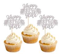 Xsstarmi 24 Pack Happy New Year Cupcake Toppers Silver Fireworks Glitter Welcome to 2026 Cupcake Picks Decoration for 2026 Happy New Year Celebrate Party Cake Decorations Supplies