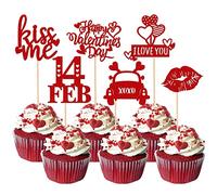 Xsstarmi 24 Pack Happy Valentine's Day Cupcake Toppers Glitter 14 Feb Kiss Me Love Heart Lips Cupcake Picks for Valentine's Day Theme Wedding Party Cake Decorations Supplies Red