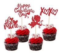 Xsstarmi 24 Pack Happy Valentine's Day Cupcake Toppers Glitter Be Mine Cupid XOXO Cupcake Picks Decoration for Sweet Love Theme Valentine's Day Wedding Bridal Shower Party Cake Decorations Red