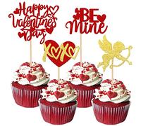 Xsstarmi 24 Pack Happy Valentine's Day Cupcake Toppers Glitter Cupid Love Heart Be Mine Cupcake Picks for Valentine's Day Theme Wedding Party Cake Decorations Supplies Red