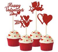 Xsstarmi 24 Pack Happy Valentine's Day Cupcake Toppers Glitter Heart Cupid Cupcake Picks Decoration for Valentine's Day Theme Wedding Bridal Shower Birthday Party Cake Decorations Red