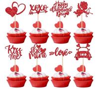 Xsstarmi 24 Pack Happy Valentine's Day Cupcake Toppers Glitter Kiss Me Cupid Be Mine Cupcake Picks XOXO Sweet Love Cake Decorations for Valentine's Day Theme Wedding Bridal Shower Party Supplies Red