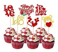 Xsstarmi 24 Pack Happy Valentine's Day Cupcake Toppers Glitter Love Heart Cupid's Arrow Bear Te Amo Cupcake Picks for Valentine's Day Wedding Anniversary Party Cake Decorations Red