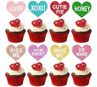 Xsstarmi 24 Pack Happy Valentine's Day Cupcake Toppers Multi Glitter Be Mine Kiss Me Love Honey Hug Me Cupcake Picks for Wedding Birthday Anniversary Valentine's Day Party Cake Decorations Supplies