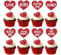 Xsstarmi 24 Pack Happy Valentine's Day Cupcake Toppers Red Glitter Be Mine Kiss Me Love Honey Hug Me Cupcake Picks for Wedding Birthday Valentine's Day Party Cake Decorations Supplies