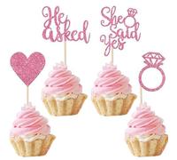 Xsstarmi 24 Pack He Asked She Said Yes Cupcake Toppers Glitter Heart Ring Bachelorette Cupcake Picks for Wedding Engagement Bridal Shower Theme Party Cake Decorations Supplies Pink