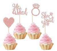 Xsstarmi 24 Pack He Asked She Said Yes Cupcake Toppers Glitter Heart Ring Bachelorette Cupcake Picks Wedding Engagement Cake Decorations for Wedding Bridal Shower Party Supplies Rose Gold