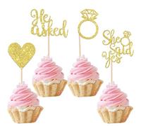 Xsstarmi 24 Pack He Asked She Said Yes Cupcake Toppers Glitter Heart Ring Bachelorette Cupcake Picks for Wedding Engagement Bridal Shower Theme Party Cake Decorations Supplies Gold