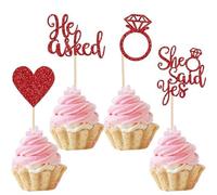 Xsstarmi 24 Pack He Asked She Said Yes Cupcake Toppers - Red Glitter Heart Ring Wedding Engagement Cupcake Picks for Wedding Bridal Shower Party Cake Decorations