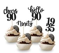 Xsstarmi 24 Pack Hello 90 Theme Birthday Cupcake Toppers Black Glitter Ninty Fabulous Legend Since 1995 Cupcake Picks Cheers to 90 Years Cake Decorations for Happy 90th Birthday Party Supplies