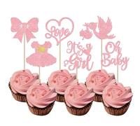 Xsstarmi 24 Pack It's a Girl Cupcake Toppers Heart Glitter Pink Dress Bow Bird Cupcake Picks Gender Reveal Cake Decorations for Baby Shower Girl's Birthday Party Cake Supplies