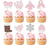 Xsstarmi 24 Pack It's a Girl Snowflake Cupcake Toppers Glitter Baby Scarf Gloves Hats Shoes Winter Frozen Cupcake Picks Decoration for Gender Reveal Theme Baby Shower Birthday Party Cake Decor Pink