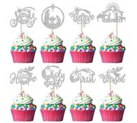 Xsstarmi 24 Pack Jesus Christmas Cupcake Toppers Glitter Holy Night Blessed Hope Religious Christmas Cupcake Toothpicks for Nativity Scene Jesus Birthday Party Cake Decorations Silver