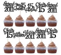 Xsstarmi 24 Pack Legend Since 2011 Cupcake Toppers Black Glitter Vintage 2011 Cupcake Picks Cheers to 15 Awesome Fifteen Cake Decorations for Hello 15 Fabulous Happy 15th Birthday Party Supplies
