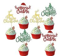 Xsstarmi 24 Pack Merry Christmas Cupcake Toppers Glitter Xmas Tree Santa Hat Deer Christmas Cupcake Picks for Christmas Theme Xmas Holiday Birthday Party Cake Decorations Multicolor