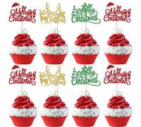 Xsstarmi 24 Pack Merry Christmas Cupcake Toppers Multi Glitter Xmas Tree Deer Cupcake Picks Decoration for Winter Christmas Theme New Year Holiday Party Cake Decorations Supplies