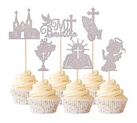 Xsstarmi 24 Pack Mi Bautizo God Bless Cupcake Toppers Glitter Church Dove Cross Cupcake Picks Christian Girl Baptism Cake Decorations for Religious God Bless Baby Shower Kids Birthday Party Silver
