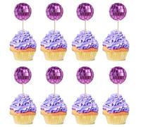 Xsstarmi 24 Pack Mini Disco Balls Cake Topper Decorations 70s Retro Disco Themed Cake Pick for Baby Shower Birthday 70s Theme Party Cake Decorations Supplies Purple