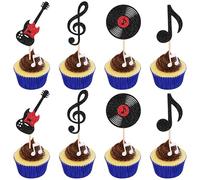 Xsstarmi 24 Pack Music Theme Cupcake Toppers Black Glitter Guitar Record Music Notes Cupcake Picks for Rock Musician Singer Happy Birthday Party Cake Decorations