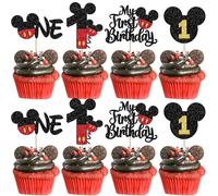 Xsstarmi 24 Pack My 1st Birthday Mouse Inspired Cupcake Toppers, Black and Red Mini One Cupcake Picks Decorations for Baby Shower Kids First Birthday Party Cake Decorations