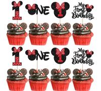 Xsstarmi 24 Pack My 1st Birthday Mouse Inspired Cupcake Toppers, First Party Decorations Red Bow One Mini Picks for Baby Shower Cake Decorations