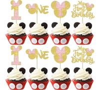 Xsstarmi 24 Pack My 1st Birthday Mouse Inspired Cupcake Toppers, Pink Bow Mini One Cupcake Picks Decorations for Baby Shower Kids First Birthday Party Cake Decorations Gold
