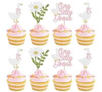 Xsstarmi 24 Pack One Goose Theme Birthday Cupcake Toppers Daisy Glitter Farm Animal Goose BDAY Cupcake Picks for Baby Shower Boys Girls Kids 1st Birthday Party Cake Decorations Pink