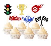 Xsstarmi 24 Pack Race Car Cupcake Toppers Glitter Traffic Light Wheel Trophy Flag Helmet Racing Car Cupcake Picks for Let's Go Racing Sports Baby Shower Birthday Party Cake Decorations