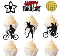 Xsstarmi 24 Pack Stranger Happy Birthday Cupcake Toppers Glitter TV Stranger Inspired Cupcake Picks for Stranger Theme Baby Shower Kids Boys Girls Birthday Party Cake Decorations Supplies