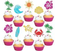 Xsstarmi 24 Pack Summer Beach Cupcake Toppers Glitter Sun Palm Tree Turtles Crabs Surfing Cupcake Picks for Summer Vacation Hawaii Baby Shower Birthday Party Cake Decorations Supplies
