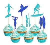 Xsstarmi 24 Pack Surfing Cupcake Toppers Surf Board Party Decorations Glitter Beach Theme Surfboard Sport Cupcake Picks for Surf Theme Baby Shower Kids Birthday Party Cake Decorations Blue