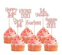 Xsstarmi 24 Pack Sweet 14th Birthday Cupcake Toppers Glitter Fourteen 14 Fabulous Vintage 2011 Cupcake Picks for Cheers to 14 Years 14th Birthday Wedding Anniversary Party Cake Decorations Rose Gold