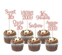Xsstarmi 24 Pack Sweet 16th Birthday Cupcake Toppers Glitter Sixteen 16 Fabulous Vintage 2008 Cupcake Picks for Cheers to 16 Years 16th Birthday Wedding Anniversary Party Cake Decorations Rose Gold