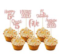 Xsstarmi 24 Pack Sweet 5th Birthday Cupcake Toppers Glitter Five 5 Fabulous Vintage 2020 Cupcake Picks for Cheers to 5 Years 5th Birthday Wedding Anniversary Party Cake Decorations Rose Gold