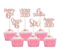 Xsstarmi 24 Pack Sweet 6th Birthday Cupcake Toppers Glitter Six 6 Fabulous Vintage 2019 Cupcake Picks for Cheers to 6 Years 6th Birthday Wedding Anniversary Party Cake Decorations Rose Gold