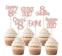 Xsstarmi 24 Pack Sweet 8th Birthday Cupcake Toppers Glitter Eight 8 Fabulous Vintage 2017 Cupcake Picks for Cheers to 8 Years 8th Birthday Wedding Anniversary Party Cake Decorations Rose Gold