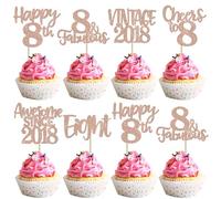 Xsstarmi 24 Pack Sweet 8th Birthday Cupcake Toppers Glitter Eight 8 Fabulous Vintage 2018 Cupcake Picks for Cheers to 8 Years 8th Birthday Wedding Anniversary Party Cake Decorations Rose Gold