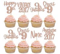 Xsstarmi 24 Pack Sweet 9th Birthday Cupcake Toppers Glitter Nine 9 Fabulous Vintage 2017 Cupcake Picks for Cheers to 9 Years 9th Birthday Wedding Anniversary Party Cake Decorations Rose Gold