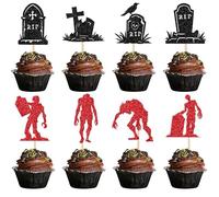 Xsstarmi 24 Pack Tombstone Cupcake Toppers - RIP Cemetery Graveyard Red Zombie Skeleton Crow Cupcake Picks for Halloween Theme Birthday Party Cake Decorations