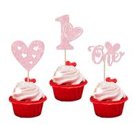 Xsstarmi 24 Pack Valentine's Day Heart One Cupcake Toppers Glitter Heart 1st Birthday Cupcake Picks Decorations for Sweet Valentine's Day Baby Shower First Birthday Party Cake Decorations Gold