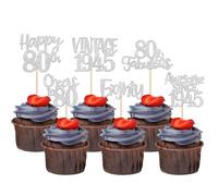 Xsstarmi 24 Pack Vintage 1945 Cupcake Toppers Glitter Cheers to 80 Years 80 Fabulous Eighty Birthday Cupcake Picks for Happy 80th Birthday Wedding Anniversary Party Cake Decorations Silver
