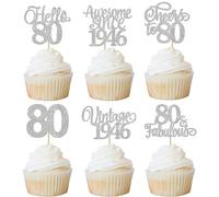Xsstarmi 24 Pack Vintage 1946 Cupcake Toppers Glitter Silver Hello 80 Fabulous Eighty Cupcake Picks Cheers to 80 Years Birthday Cake Decorations for Happy 80th Birthday Anniversary Party Supplies