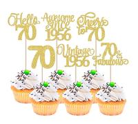 Xsstarmi 24 Pack Vintage 1956 Cupcake Toppers Glitter Gold Hello 70 Fabulous Cupcake Picks Cheers to 70 Years Birthday Cake Decorations for Happy 70th Birthday Anniversary Party Supplies