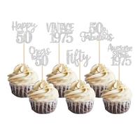 Xsstarmi 24 Pack Vintage 1975 Cupcake Toppers Glitter Cheers to 50 Years 50 Fabulous Fifty Birthday Cupcake Picks for Happy 50th Birthday Wedding Anniversary Party Cake Decorations Silver