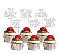 Xsstarmi 24 Pack Vintage 2004 Cupcake Toppers Sweet 21st Birthday Cake Decorations Twenty one 21 Fabulous Cupcake Picks Cheers to 21 Years Old Birthday Wedding Anniversary Party Decorations Silver