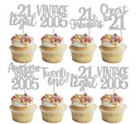 Xsstarmi 24 Pack Vintage 2005 Cupcake Toppers Sweet 21st Birthday Cake Decorations Twenty one 21 Fabulous Cupcake Picks Cheers to 21 Years Old Birthday Wedding Anniversary Party Decorations Silver